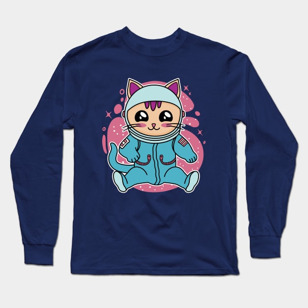 Astronaut Cat Kawaii Anime Kitten Wearing Space Suit Long Sleeve T-Shirt by Cuteness Klub